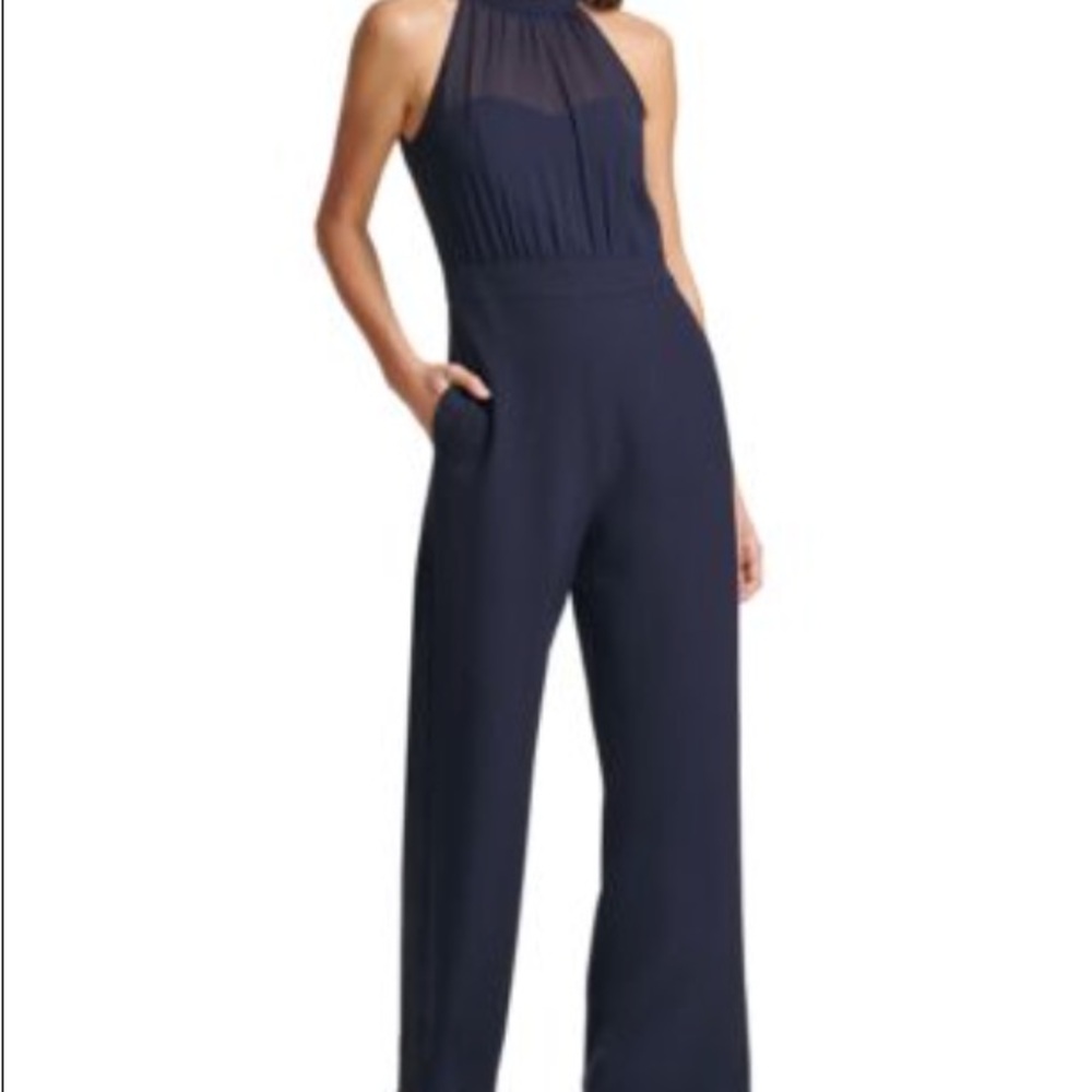 Vince Camuto Navy Chiffon-Topped Crepe Halter Jumpsuit